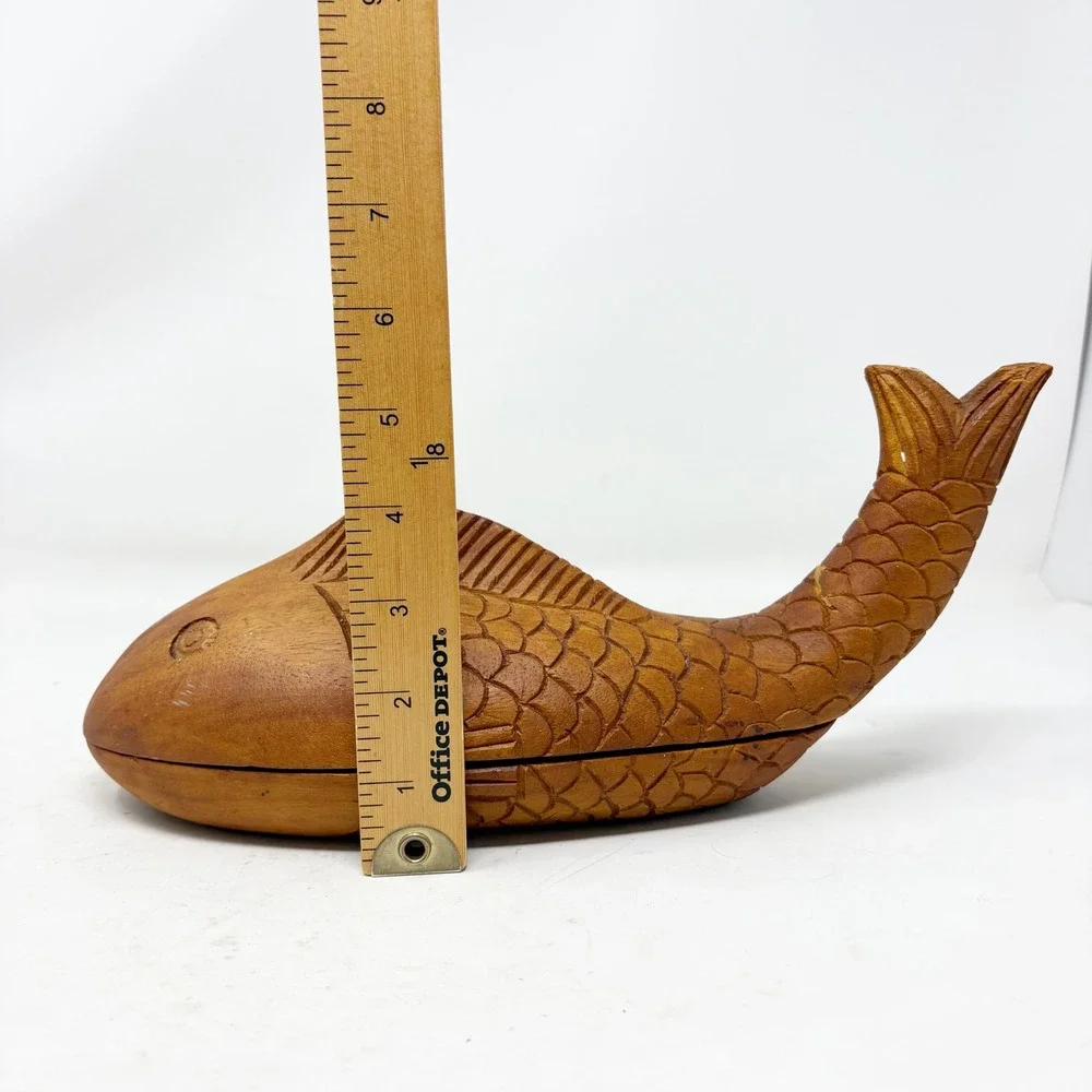 Hand Carved Wooden Fish Trinket Box Nautical‎ Coastal Decor Brown Storage 11.5in